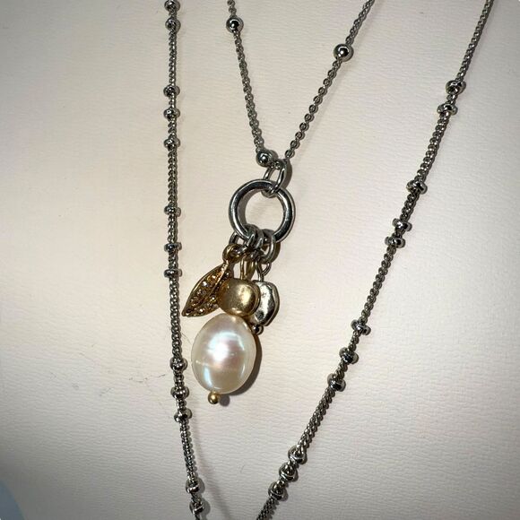 J. Jill Layered Necklace Silver Gold Pear Charm Beaded Rhinestone Adjustable NWT - Picture 9 of 13